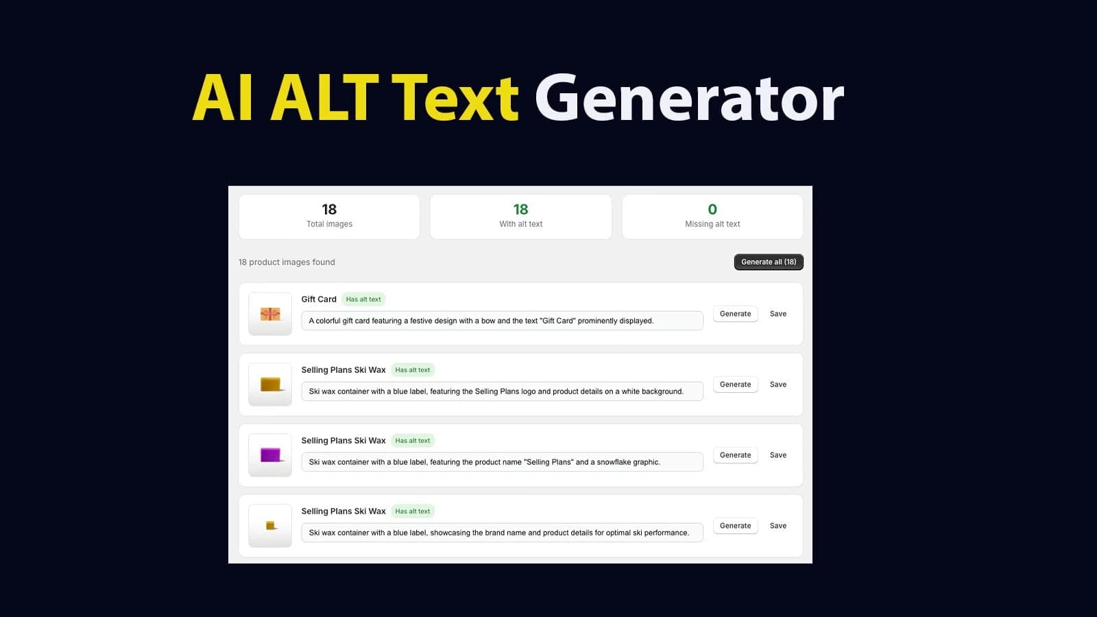 InvizoAI alt text screen: 18 total images, 18 with alt text and 0 missing, a Generate all (18) button, and product images listed with their alt text and Generate and Save buttons.