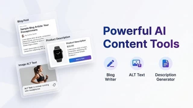 InvizoAI banner: Powerful AI Content Tools, with Blog Writer, ALT Text and Description Generator, beside example blog post, product description and image alt text cards.