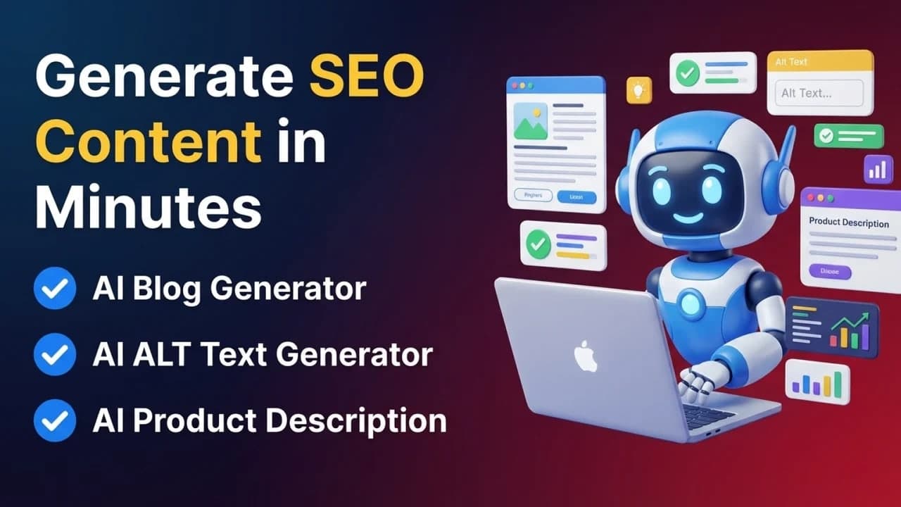 InvizoAI banner: Generate SEO Content in Minutes, listing AI Blog Generator, AI ALT Text Generator and AI Product Description, beside a robot working at a laptop.