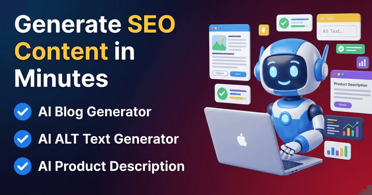 InvizoAI banner: Generate SEO Content in Minutes, with AI Blog Generator, AI ALT Text Generator and AI Product Description, beside a robot working at a laptop.